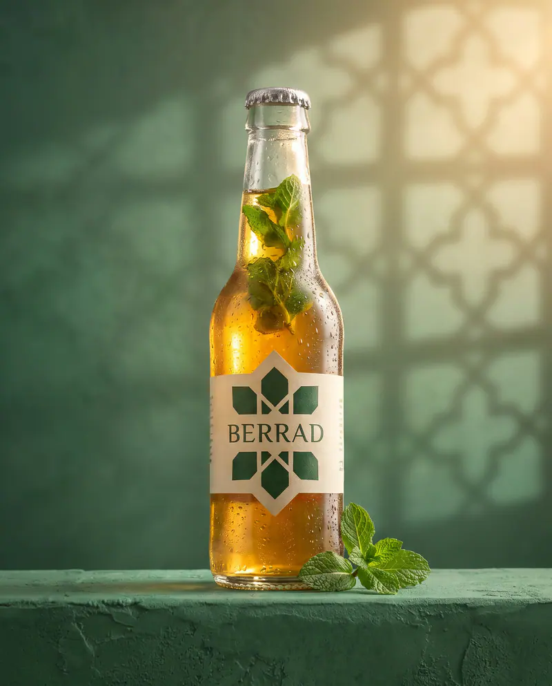 Bouteille Berrad Naâna, étiquette verte, devant un mur vert menthe