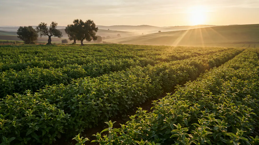 Rangs de menthe au lever du soleil, oliviers à l’horizon