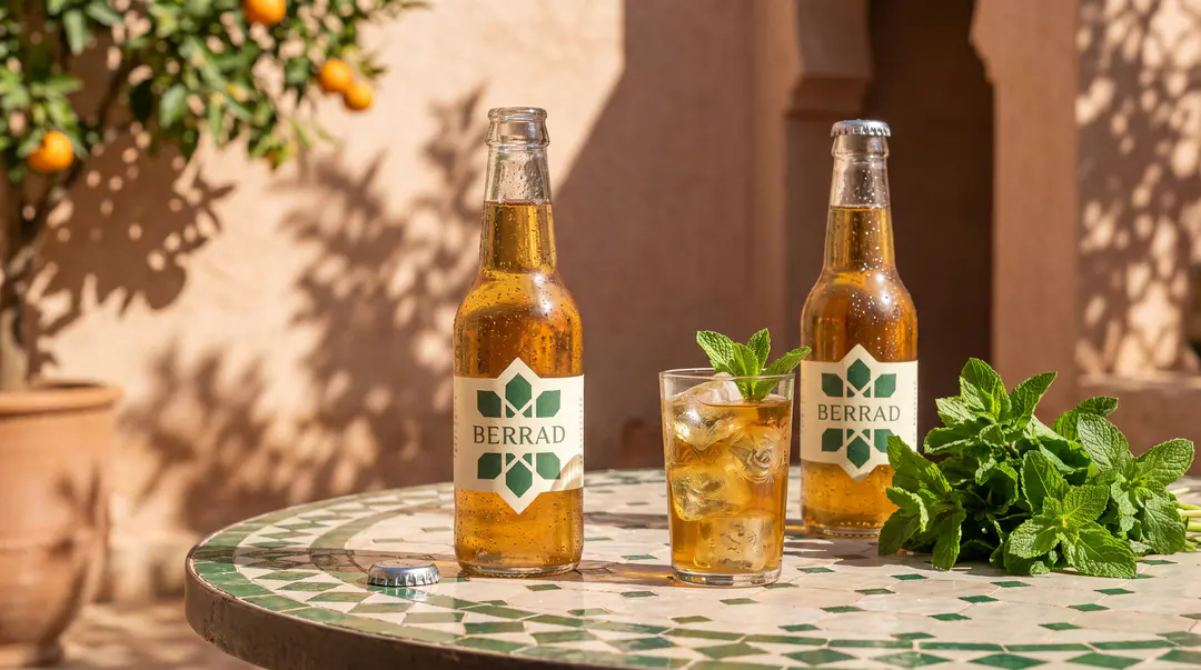 Deux bouteilles de Berrad et un verre glacé sur une table en zellige, dans la cour d’un riad