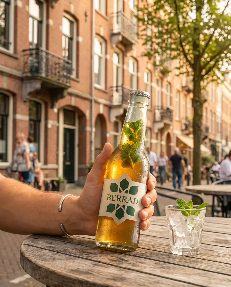 Une main tient une bouteille de Berrad à une terrasse, façades de briques en arrière-plan
