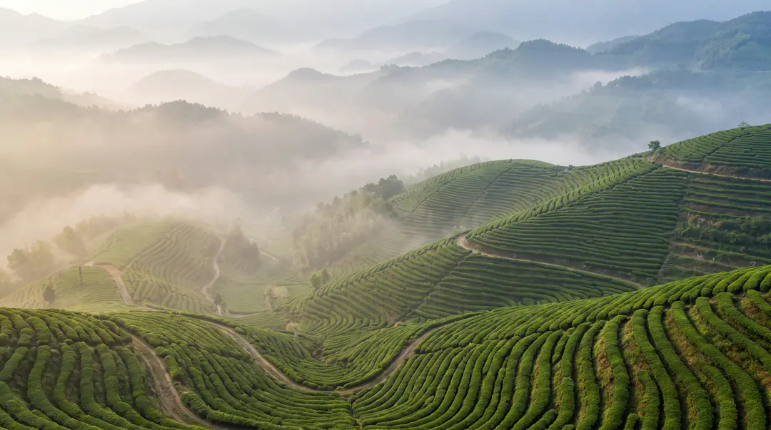 Collines couvertes de rangs de théiers dans la brume du matin